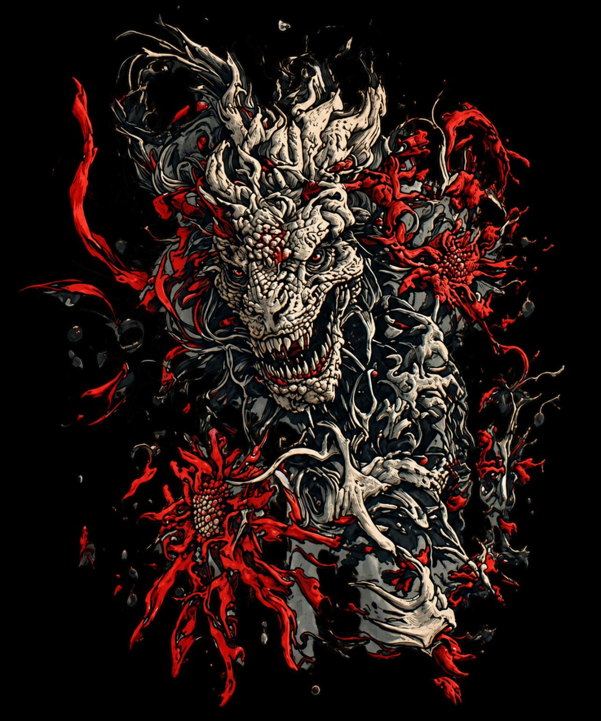 Red and black dragon graphic printed on oversized streetwear T-shirt